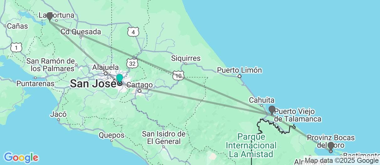 Map of Arenal, Puerto Viejo & Bocas del Toro