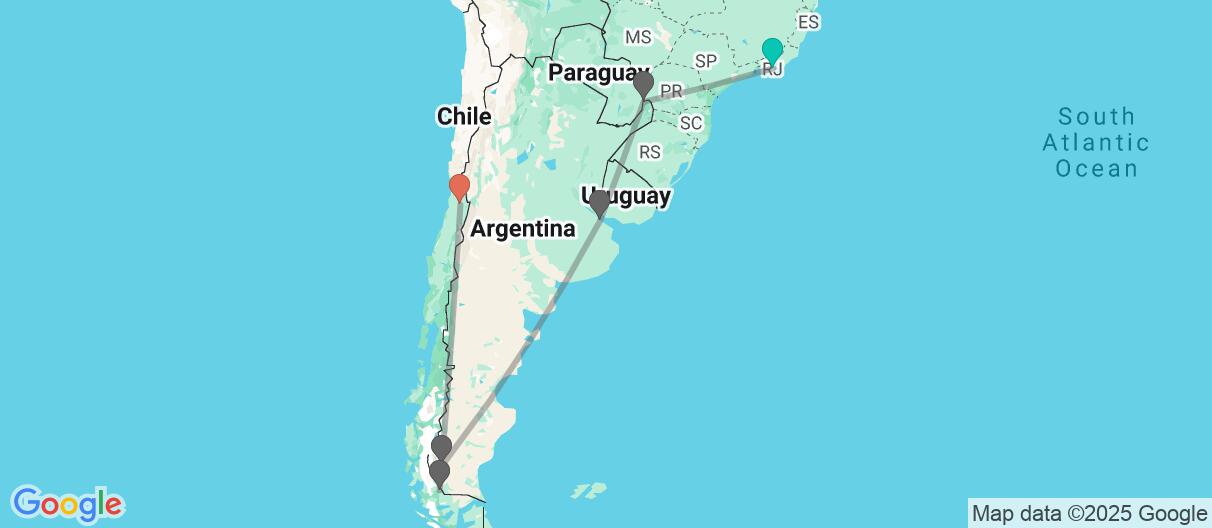 Map of Cities, Falls & Glaciers of South America