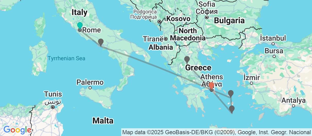 Map of Colosseum, Amalfi Coast & Greek Odyssey