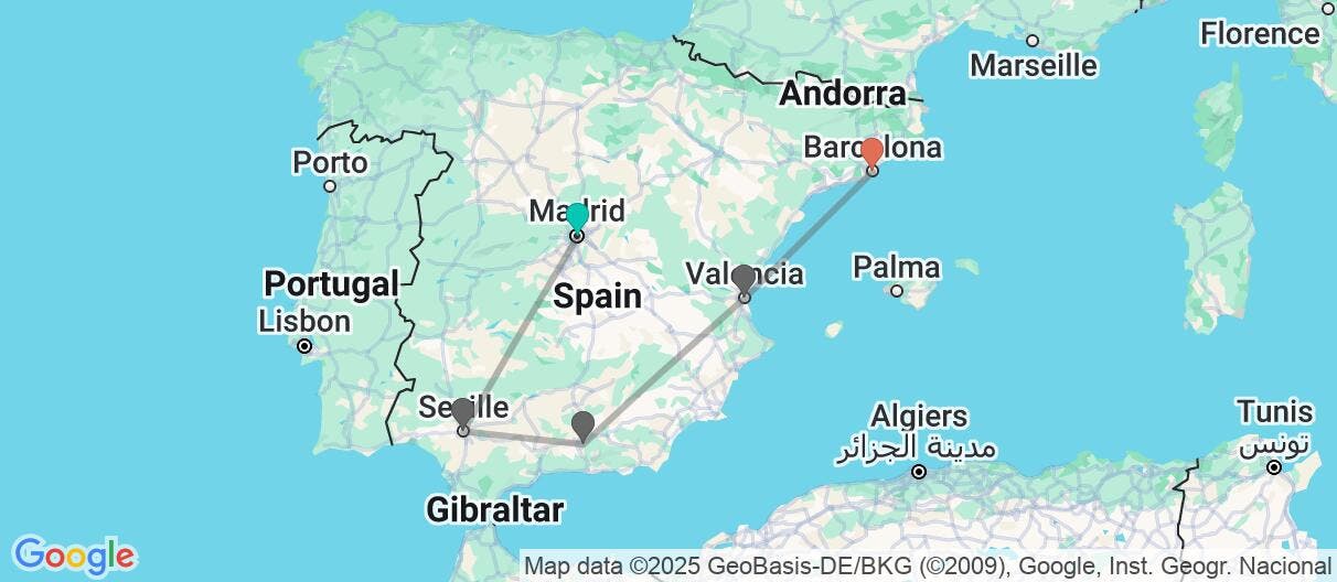 Map of Madrid, Andalusia, Valencia & Barcelona