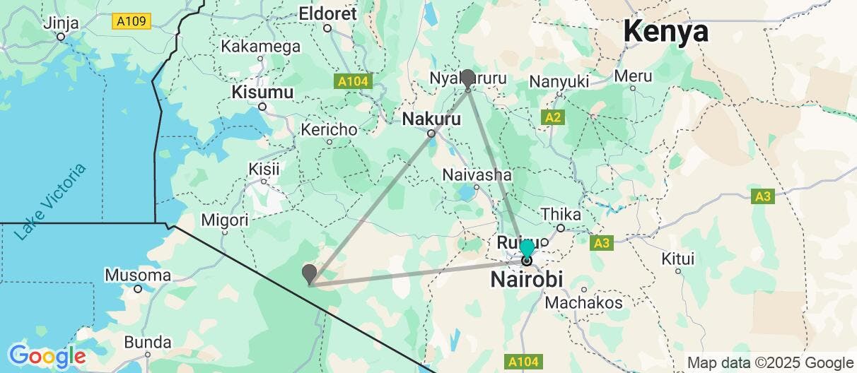 Map of Nairobi, Wildlife Safari & Nyahururu