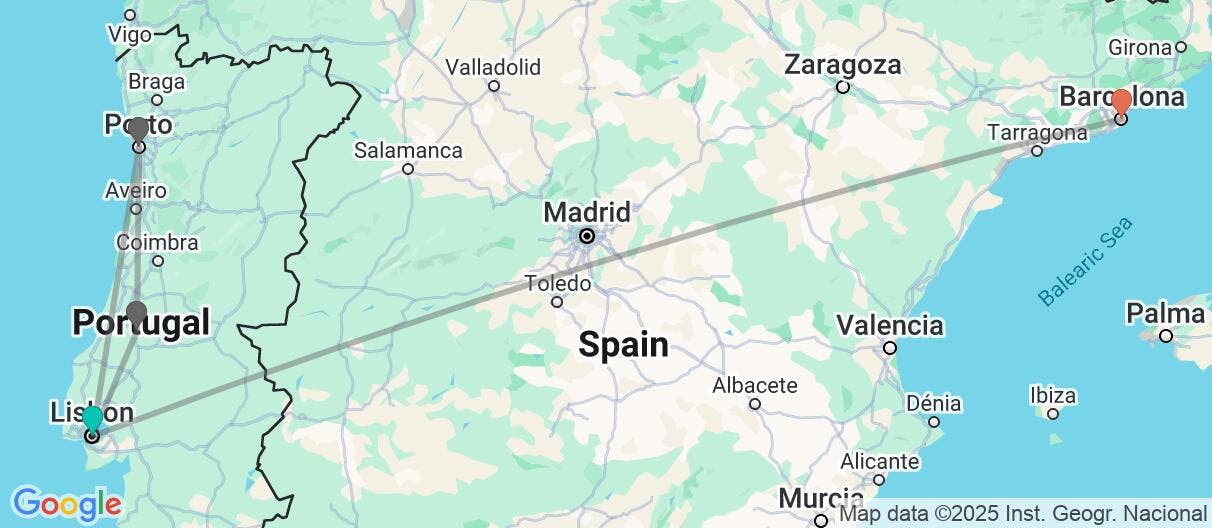 Map of  Lisbon, Fatima, Porto & Barcelona