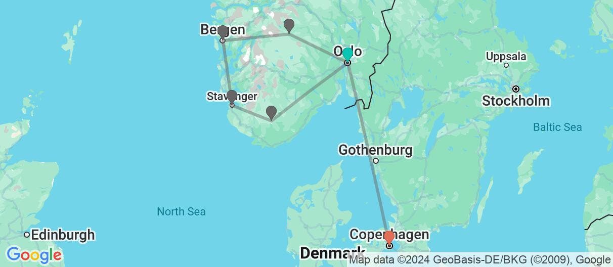 Map of Fjords, Railway Ride & Copenhagen's Canals