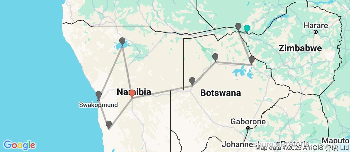 Map of Victoria Falls, Safari Days & Giant Dunes