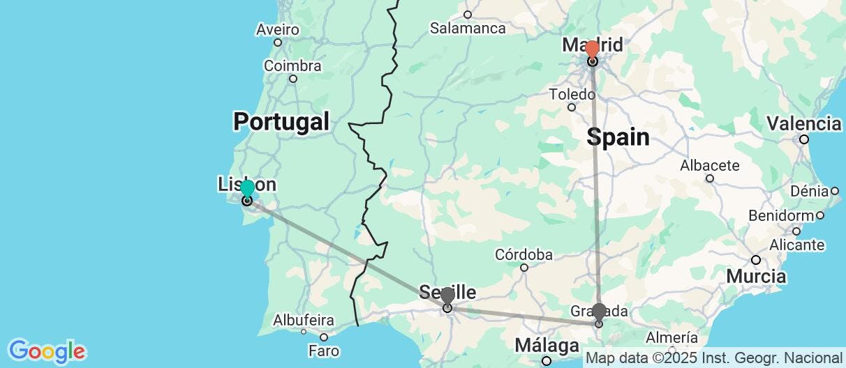 Map of Escorted Tour: Lisbon, Andalusia & Madrid