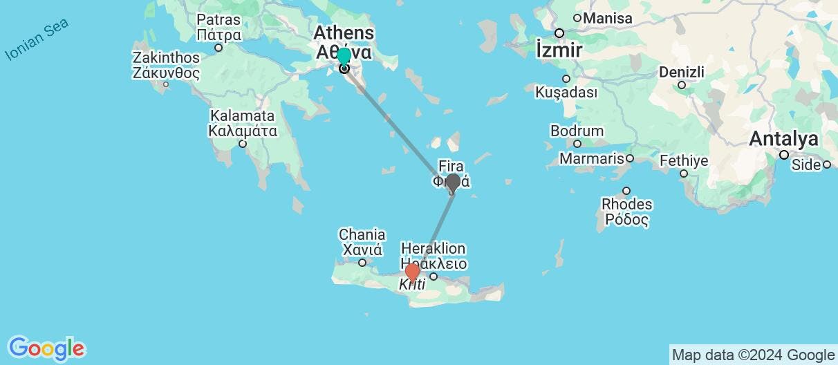 Map of Greek getaway: Athens, Santorini & Crete