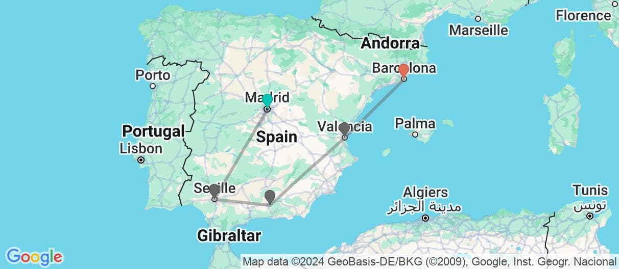 Map of Madrid, Andalusia, Valencia & Barcelona