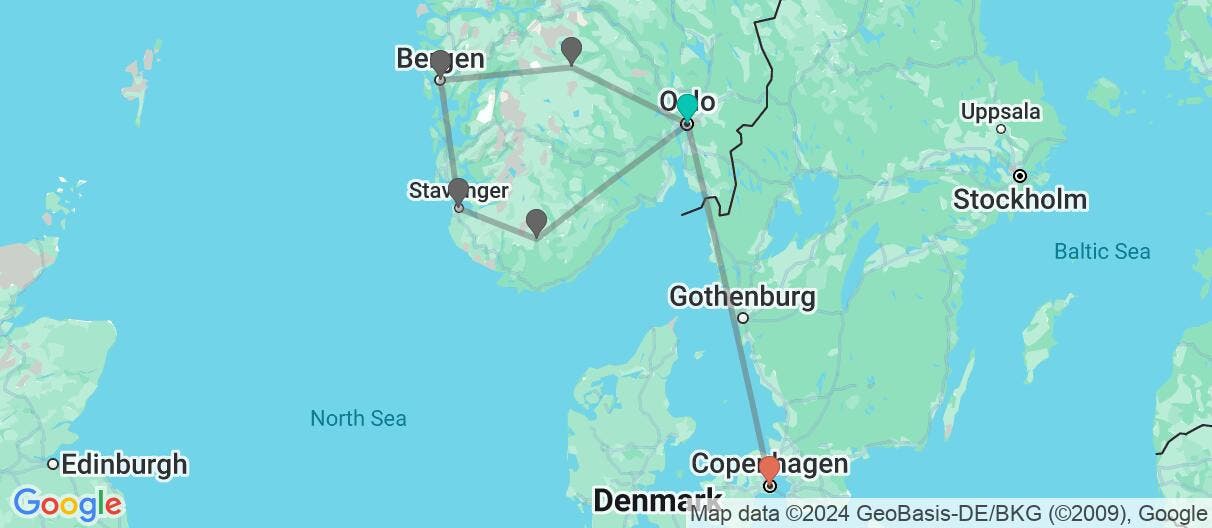 Map of Fjords, Railway Ride & Copenhagen's Canals