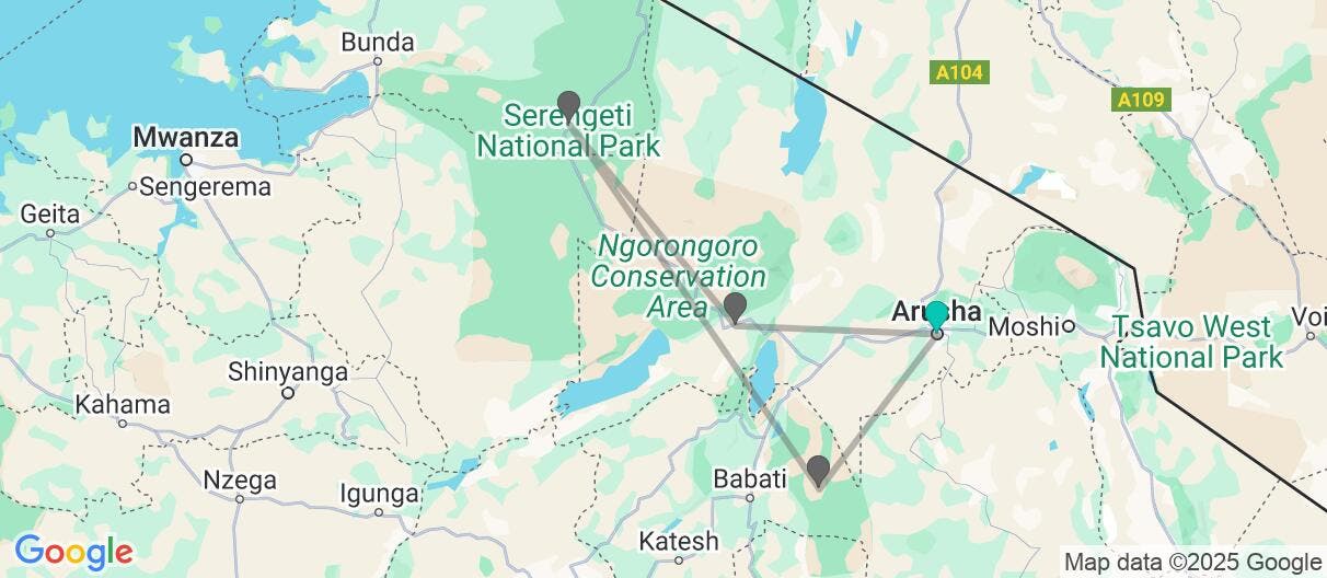 Map of Safari en Tanzania y ruta por Kilimanjaro