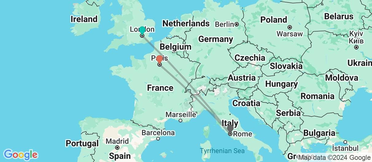 Map of European Adventure: London, Rome & Paris