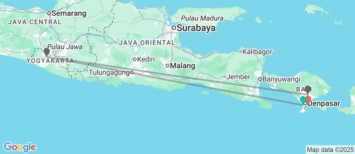 Map of Java y Bali: templos, playas y volcanes