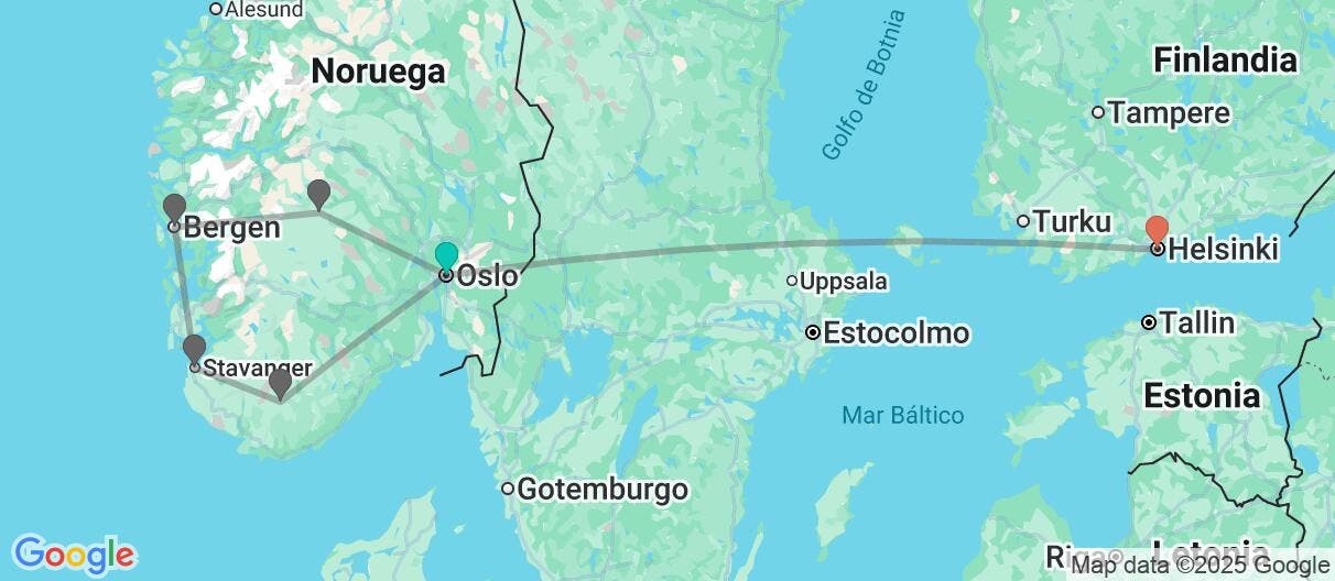 Map of Los fiordos más famosos, Oslo y Helsinki