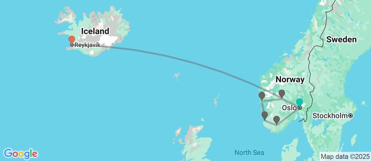 Map of Fjords & fire: Norway and Iceland